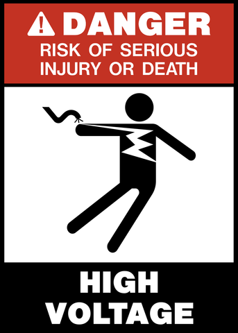 High Voltage Risk of Injury Danger Sign with electrical shock hazard graphic and warning of serious injury or death from high voltage.