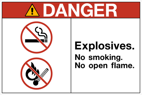 OSHA explosives no smoking danger sign with no smoking and no open flame warnings and symbols