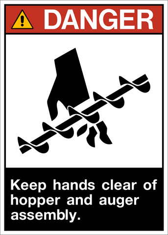 ANSI keep hands clear of hopper danger sign with auger hazard symbol and warning layout