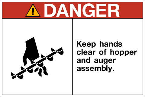 OSHA keep hands clear of hopper danger sign with auger hazard symbol and structured layout