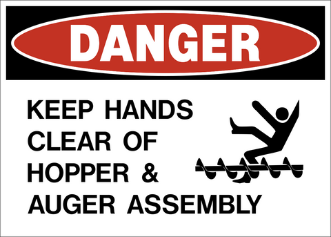 Keep hands clear of hopper danger sign with auger hazard graphic and bold warning text