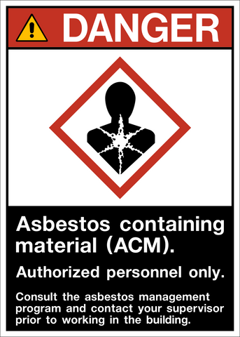 A rectangular safety sign with a red and white diamond shape warning symbol, text stating 'Asbestos containing material (ACM). Authorized personnel only.