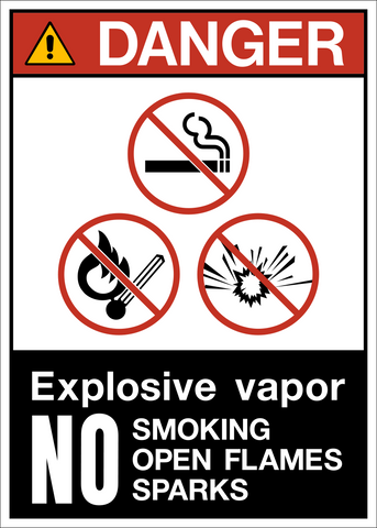ANSI explosives no smoking danger sign with symbols for no smoking no flames no sparks explosive vapor warning