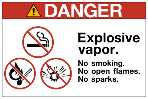 OSHA explosives no smoking danger sign for explosive vapor with no smoking no flames no sparks warning