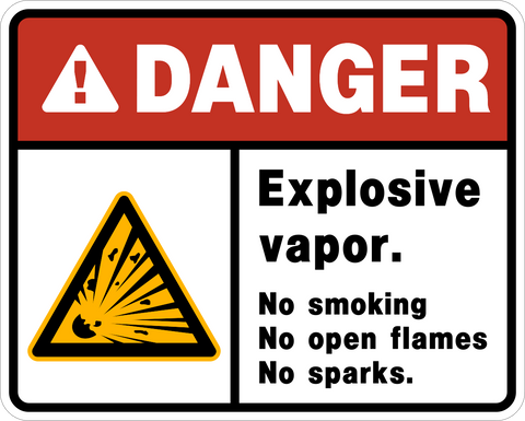 Explosives no smoking danger sign warning of explosive vapor with no smoking no flames no sparks text
