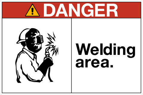 A safety sign with a white background and red and black text that reads 'DANGER WELDING AREA' with a pictogram of a person welding above the text.