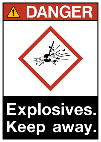 ANSI explosives keep away danger sign with explosion symbol and warning text