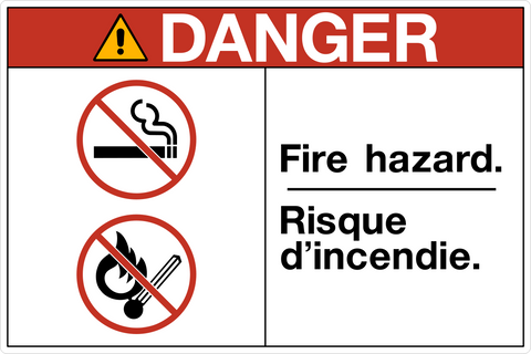 OSHA Fire Hazard Bilingual Text Danger Sign with English French fire hazard warning and prohibition symbols.