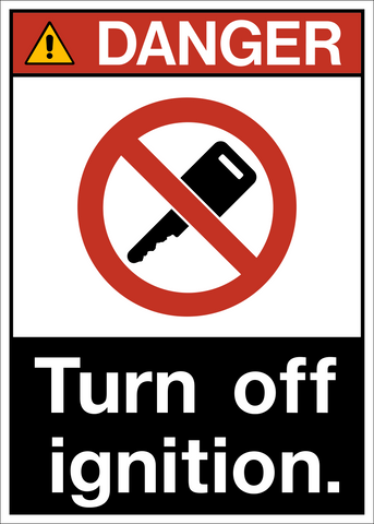 A warning sign with a red background and white text that reads 'DANGER' and a pictogram showing a key above the text. There is a 'NO SMOKING' sign in the background.