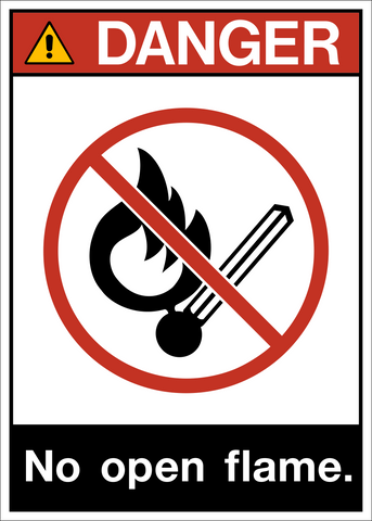 ANSI No Open Flame Danger Sign featuring a prohibition symbol over a burning match and the text No open flame.