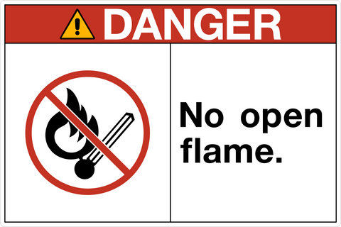 OSHA No Open Flame Danger Sign with no-flame symbol and the message No open flame.