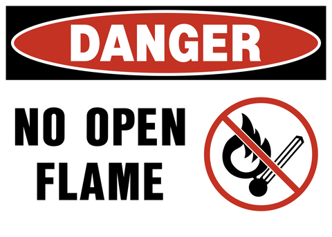 Rectangular No Open Flame Danger Sign with prohibition symbol over a burning match.