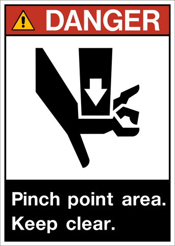ANSI pinch point area keep clear danger sign with pinch hazard symbol and warning layout