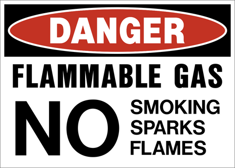 Flammable gas no smoking sparks flames danger sign with large NO text and bold warning message