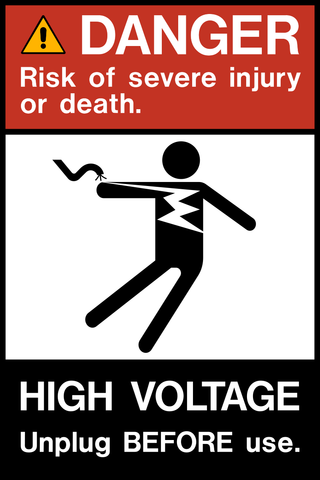 High Voltage Unplug Before Use Danger Sign with electrical shock hazard symbol and warning to disconnect equipment before operation or maintenance.