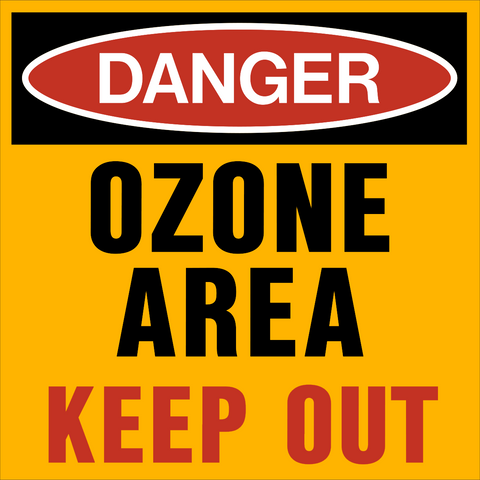 A warning sign with a red oval background and the words 'DANGER OZONE AREA KEEP OUT' in white and black text.