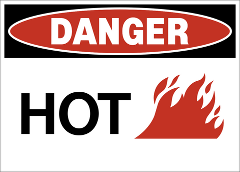 Hot Danger Sign with flame symbol warning of hot surfaces and high temperature hazards.