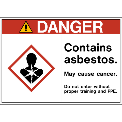 A rectangular safety sign with a red border and white background. The sign features the word 'DANGER' in bold uppercase letters, a warning symbol, and text stating the presence of asbestos and the health risks associated with it.