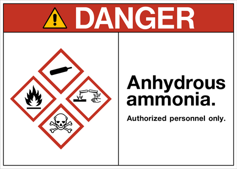 OSHA Anhydrous Ammonia Authorized Personnel Only Danger Sign with red header and hazard symbols