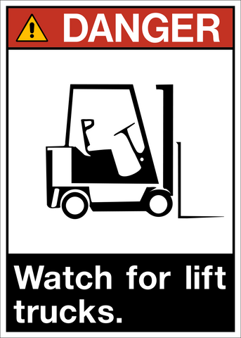 ANSI watch for lift trucks danger sign with lift truck symbol and warning layout