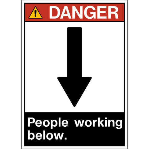 ANSI people working below danger sign with downward arrow symbol and warning layout