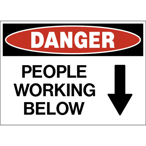 People working below danger sign with downward arrow and bold warning text