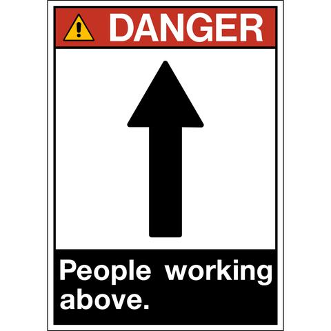 ANSI people working above danger sign with upward arrow symbol and warning layout