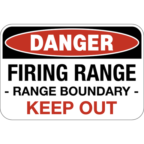 A warning sign with a red oval background and the text 'DANGER FIRE RANGE BOUNDARY KEEP OUT' in white and red text.