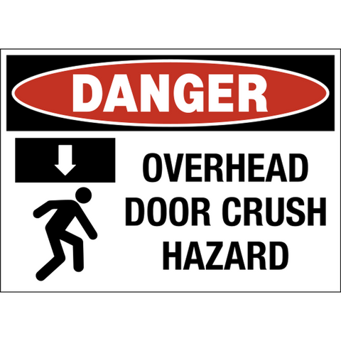 Crush hazard danger sign for overhead door with falling hazard symbol and warning text
