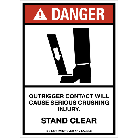 Crush hazard danger sign with outrigger contact warning and stand clear message