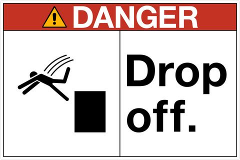 Safety warning sign with the text 'DANGER' in red bold letters and a pictogram of a person falling off a ledge. The sign has a black border and a period at the end of the text.