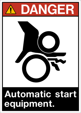 ANSI automatic start equipment danger sign with machinery hazard symbol and warning layout
