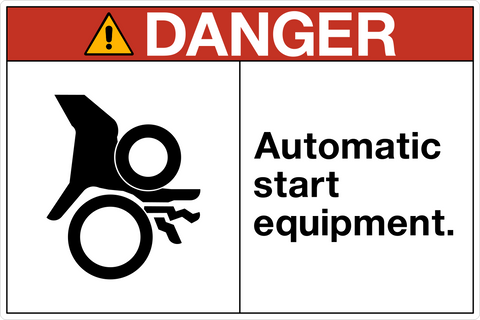 OSHA automatic start equipment danger sign with hazard symbol and structured layout