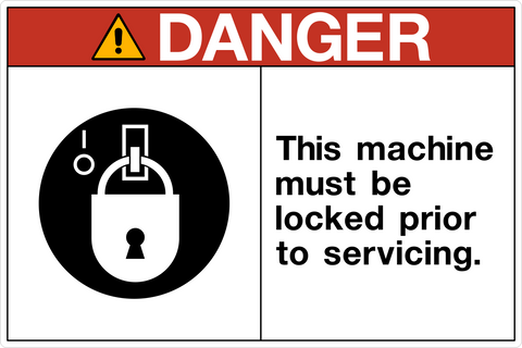 Danger Machine OSHA Lock Out Sign is a safety sign featuring the words 'DANGER' in bold white letters on red background, a pictogram of a key and a lock, and the instruction 'This machine must be locked prior to servicing' in black letters on white background.