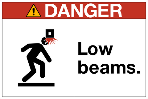 A safety warning sign with a pictogram depicting a figure stepping on a beam, cautioning against low beams.