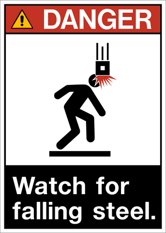 ANSI falling steel danger sign with falling object symbol and warning layout