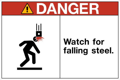 OSHA falling steel danger sign with falling steel hazard symbol and structured layout