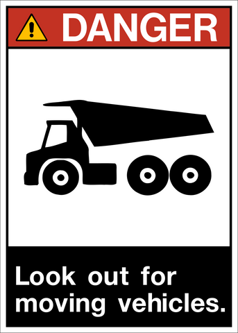 A safety warning sign with a black and white color scheme, featuring a pictogram of a crane and text that reads 'DANGER LOOK OUT FOR MOVING VEHICLES.'.