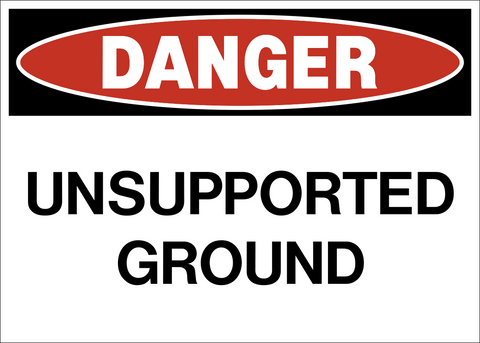 A safety warning sign with a white background and red and black text that reads 'DANGER UNSUPPORTED GROUND'.