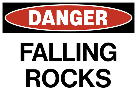 Falling rocks falling debris danger sign with bold text warning of overhead hazards