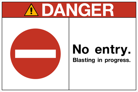 OSHA No Entry Blasting In Progress Danger Sign with red header and no entry symbol