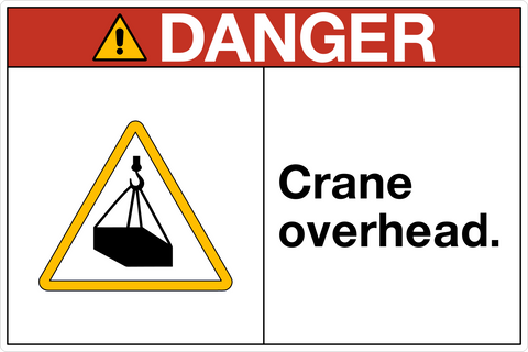 Crane overhead danger sign in OSHA layout with symbol and text in split design