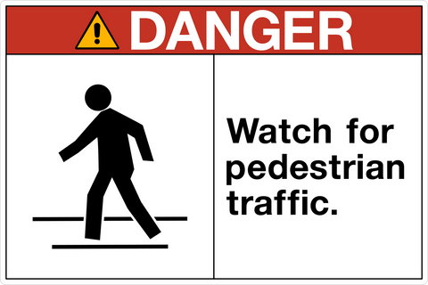 OSHA Pedestrian Traffic Danger Sign with pedestrian crossing symbol and warning message.