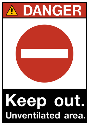 ANSI Keep Out Unventilated Area Danger Sign with bold danger header and warning text restricting entry into an unventilated area.