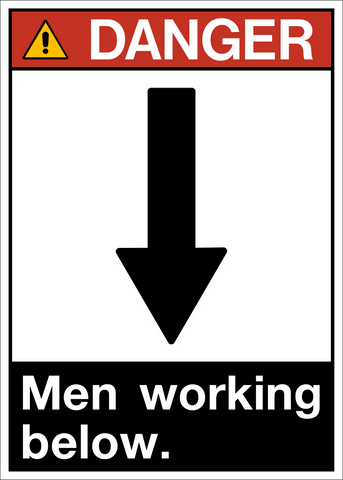 ANSI men working below danger sign with downward arrow symbol and warning layout