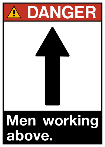 ANSI men working above danger sign with upward arrow symbol and warning layout