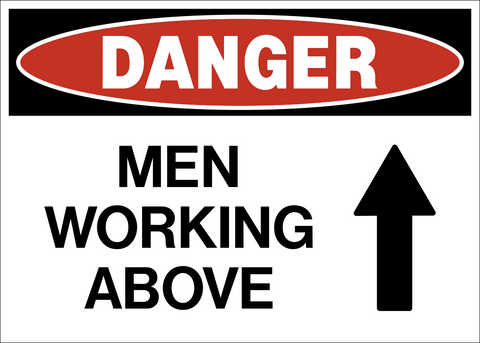 Men working above danger sign with black text and upward arrow symbol