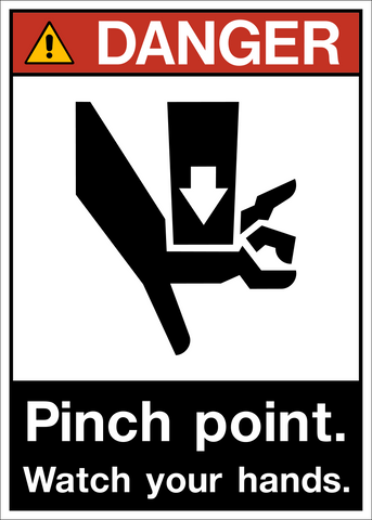 ANSI pinch point watch your hands danger sign with pinch hazard symbol and warning layout
