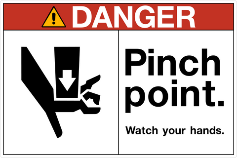 OSHA pinch point watch your hands danger sign with pinch hazard symbol and structured layout