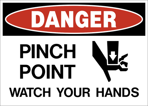 Pinch point watch your hands danger sign with hand hazard symbol and bold warning text